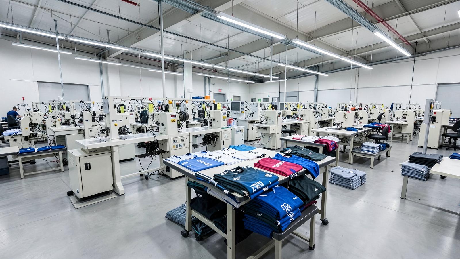 AssiduousSports manufacturing floor with team kits in production