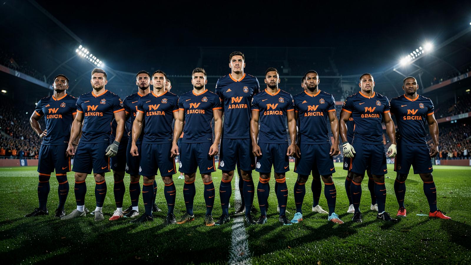 Football team lined up in matching custom navy and orange uniforms